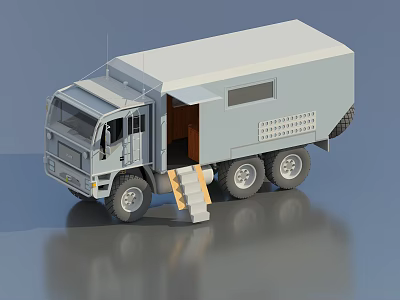 Gray Military Command Truck With Open Door Ladder Six Wheels And Antenna 3d model
