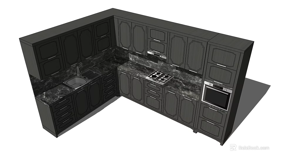 Dark Kitchen Cabinets with Marble Countertops Stove Sink and Oven 3d model 