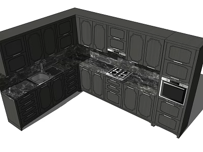 Dark Kitchen Cabinets with Marble Countertops Stove Sink and Oven 3d model