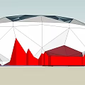 Large Circular Stadium With Geometric Exterior White Red Blue Panels And Plaza Green Space