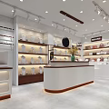 Modern Specialty Store Interior With Ceiling Lighting White Brown Counters Shelves And Central Display Stand