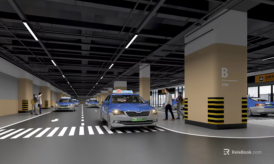 Underground Parking Lot Featuring Blue Taxis Pedestrians Signage Lighting and Floor Markings 3d model 