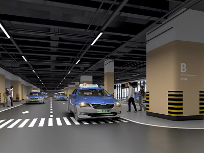 Underground Parking Lot Featuring Blue Taxis Pedestrians Signage Lighting and Floor Markings 3d model