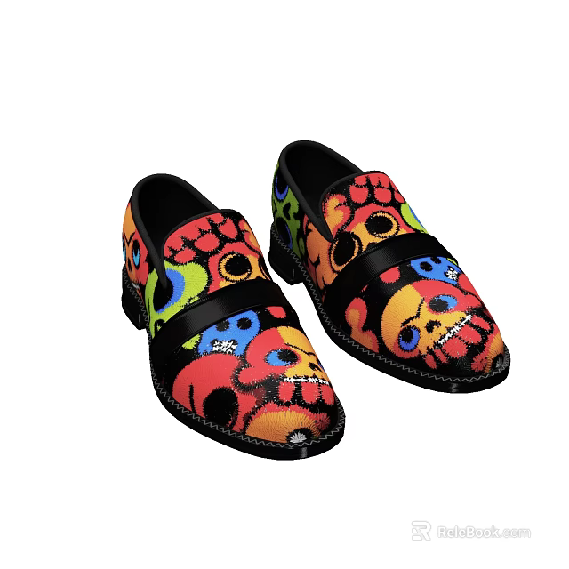Stylish Loafers Shoes With Colorful Skull Patterns On Black Base And Vibrant Design 3d model 