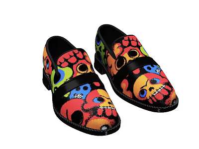 Stylish Loafers Shoes With Colorful Skull Patterns On Black Base And Vibrant Design 3d model