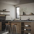 Modern Open Dining Kitchen With Island Counter Bar Stools Cabinets And Refrigerator
