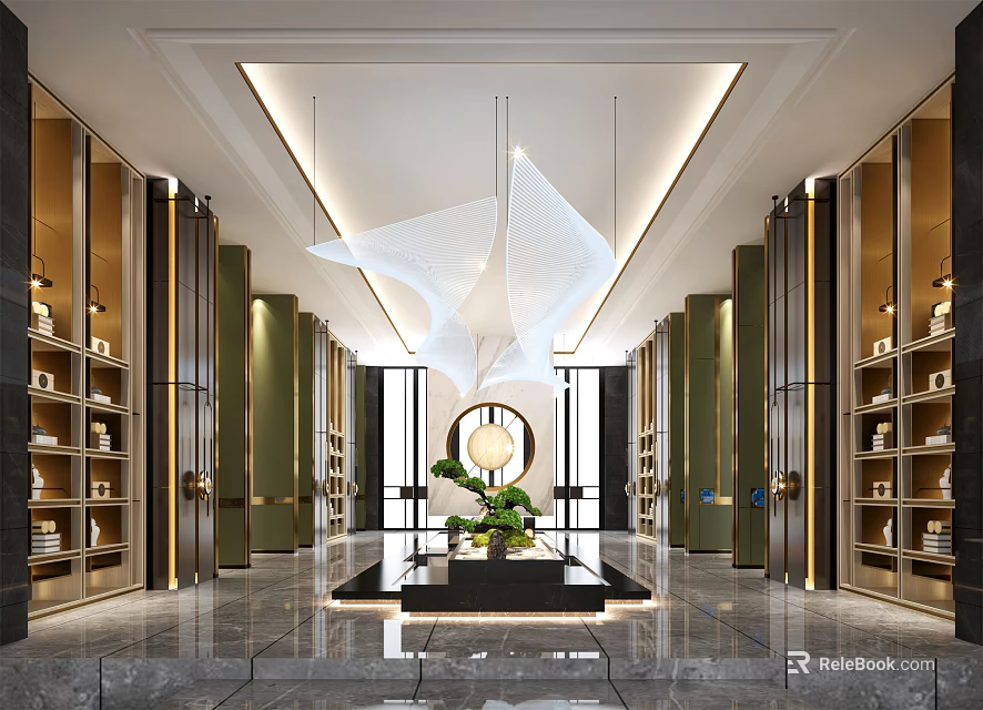 Elegant Hotel Lobby Interior With Chandelier Marble Floor Green Plants And Decorative Columns 3d model 