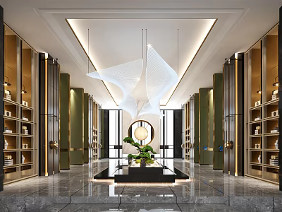 Elegant Hotel Lobby Interior With Chandelier Marble Floor Green Plants And Decorative Columns 3d model