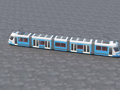 Modern Blue And White Metro Train With Multiple Cars On Grey Paved Track Surface 3d model
