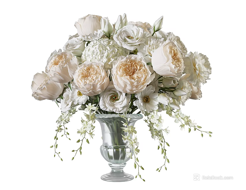 Glass Vase With White And Blush Roses Hydrangeas Small White Flowers And Green Foliage 3d model 