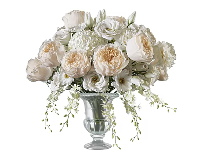 Glass Vase With White And Blush Roses Hydrangeas Small White Flowers And Green Foliage 3d model