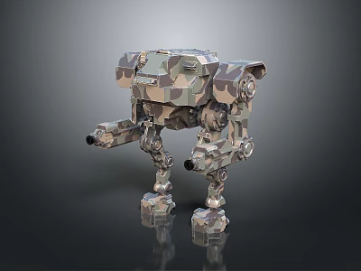Camouflage Four Legged Mechanical Robot 3D Model With Articulated Joints Armored Body And Weapon Components 3d model