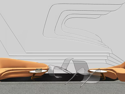 Modern Sofa Coffee Table Set With Orange Seats Transparent Chairs Round Tables Lined Wall 3d model