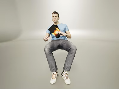 Man Sitting In Light Gray Background Holding Designed Book Wearing Blue T-shirt Gray Jeans And White Sneakers 3d model