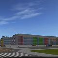 Modern Commercial Street With Multiple Buildings Blue Awnings And Colorful Facades