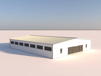 Single Story Industrial Warehouse Building With White Exterior Metal Roof Side Windows And Sliding Doors 3d model