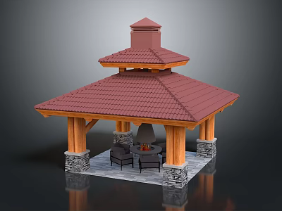 Traditional Two Tiered Pavilion With Red Tile Roof Stone Base Columns Fire Pit And Seating 3d model