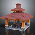 Traditional Two Tiered Pavilion With Red Tile Roof Stone Base Columns Fire Pit And Seating