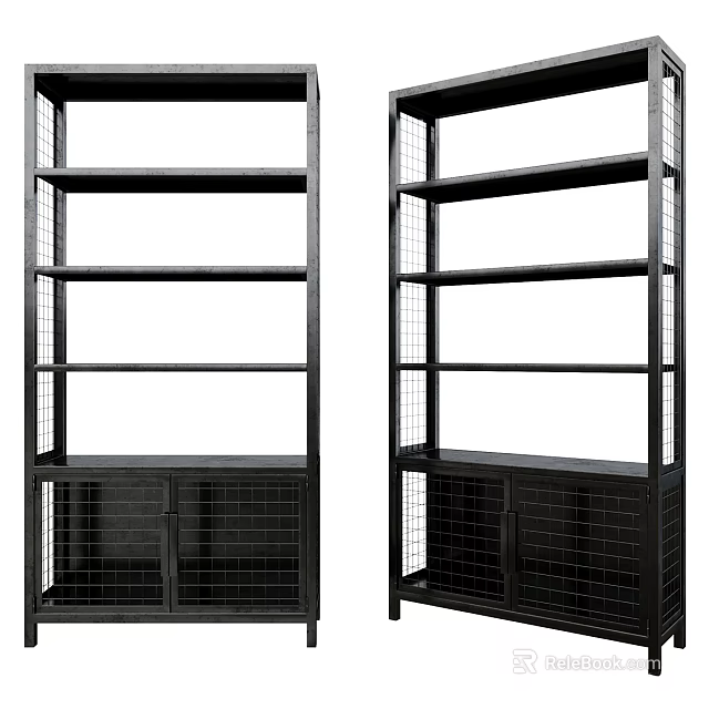 Modern Black Metal Shelving Units With Multiple Shelves And Bottom Cabinet Doors 3d model 
