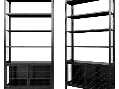 Modern Black Metal Shelving Units With Multiple Shelves And Bottom Cabinet Doors 3d model