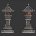 Traditional Japanese Style Stone Lanterns With Hexagonal Pedestal And Lattice Light Design