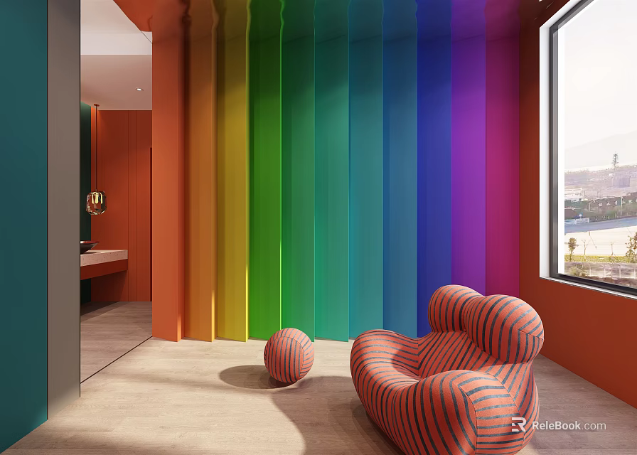Modern Relaxation Area With Colorful Vertical Panels Orange Striped Armchair Round Stool And Wooden Floor 3d model 