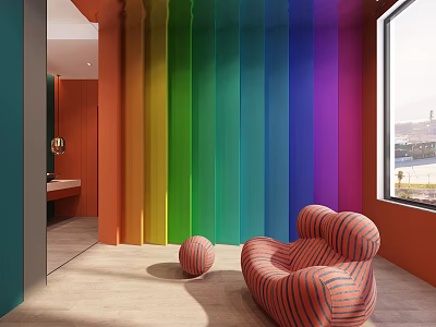 Modern Relaxation Area With Colorful Vertical Panels Orange Striped Armchair Round Stool And Wooden Floor 3d model