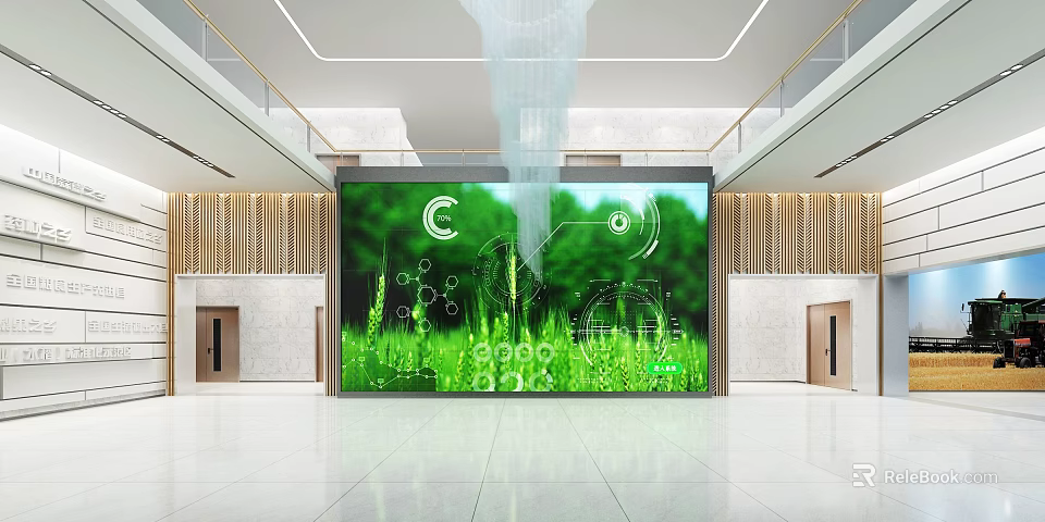 Modern Lobby Interior With Large Screen Displaying Green Grass Tech Elements Gears And Circular Symbols 3d model