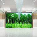 Modern Lobby Interior With Large Screen Displaying Green Grass Tech Elements Gears And Circular Symbols 3d model