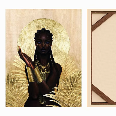 Portrait Painting of Black Female with Golden Halo Braided Hair and Palm Leaves 3d model