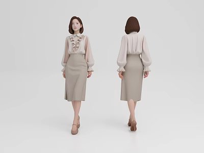 Woman In Light Colored Blouse With Ruffled Collar And Beige Midi Skirt Front Back View 3d model