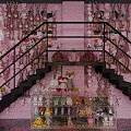 Pink Shopping Mall Store With Claw Machines Cloud Shaped Pendant Lights Pink Counter Checkered Floor