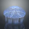 Blue Translucent Jellyfish With Bell Shaped Body And Long Tentacles On Dark Background