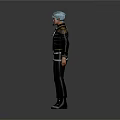 Game Movie Character with Blue Hair Wearing Black Jacket Gold Details Striped Pants and Boots
