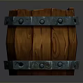 Rustic Decorative Wooden Barrel With Teal Metal Hoops And Textured Surface