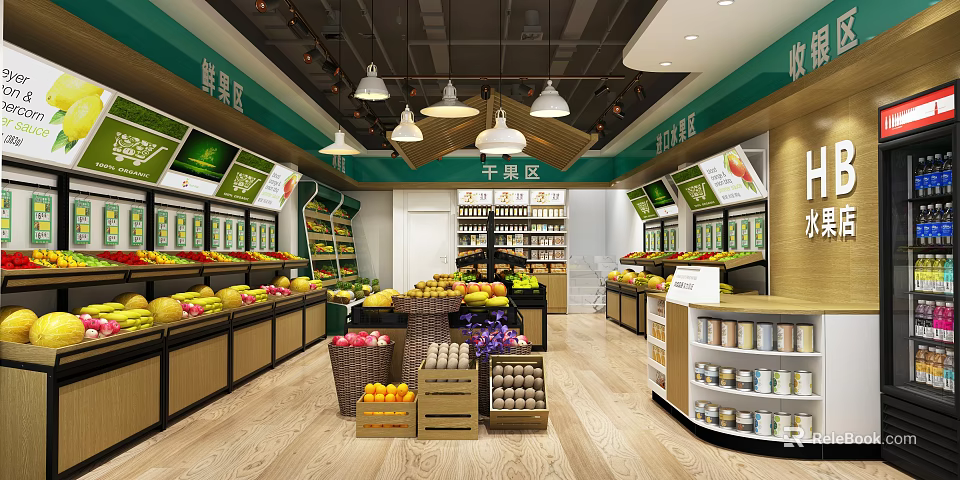 Fresh Fruit Store Interior With Various Fruits Display And Dried Fruits Section 3d model 