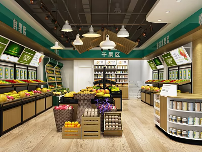 Fresh Fruit Store Interior With Various Fruits Display And Dried Fruits Section 3d model