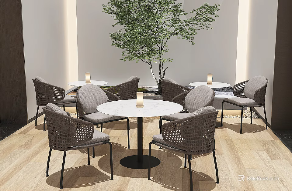 Indoor Table And Chair Combination With Round White Table Woven Gray Chairs And Green Plant 3d model 