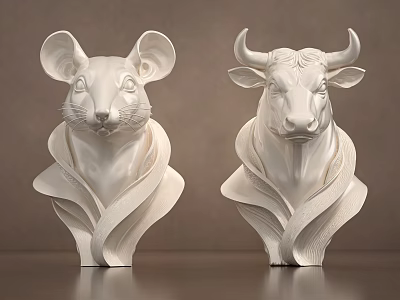 White Rat And Bull Head Sculptures With Wavy Base Artistic Design 3d model