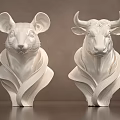 White Rat And Bull Head Sculptures With Wavy Base Artistic Design