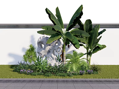 Lush Shrubs In Landscaped Garden With Banana Plants White Stone Ornament And Grass Pathway 3d model