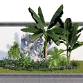 Lush Shrubs In Landscaped Garden With Banana Plants White Stone Ornament And Grass Pathway