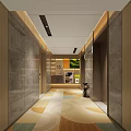 Modern Hotel Corridor Interior With Wooden Elevators Geometric Carpet And Recessed Lighting