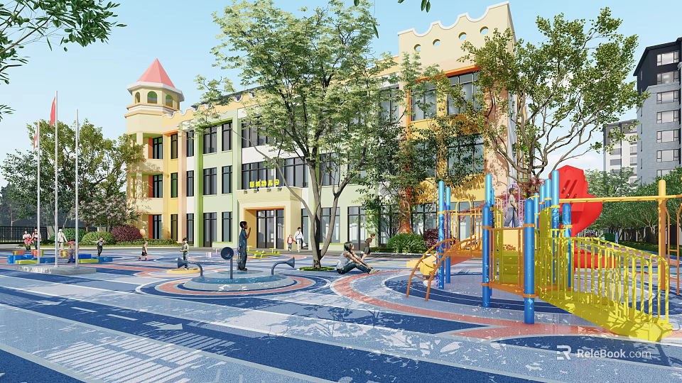 Colorful Kindergarten Building With Outdoor Playground Play Equipment Colorful Pavement And Green Trees 3d model 