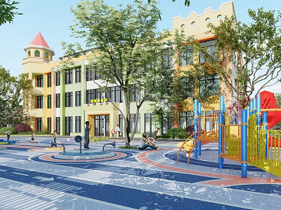 Colorful Kindergarten Building With Outdoor Playground Play Equipment Colorful Pavement And Green Trees 3d model