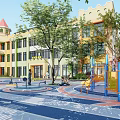 Colorful Kindergarten Building With Outdoor Playground Play Equipment Colorful Pavement And Green Trees