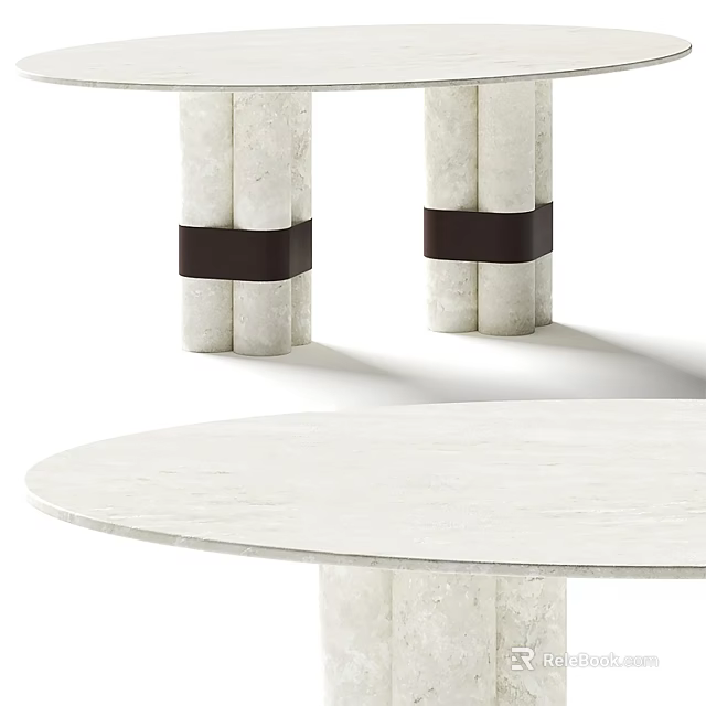 Modern Round Dining Table With Marble Top Cylindrical Legs And Black Leather Accents 3d model 