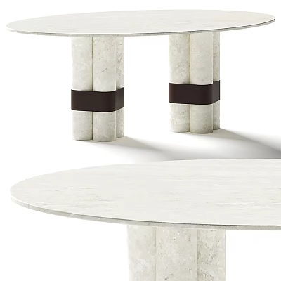 Modern Round Dining Table With Marble Top Cylindrical Legs And Black Leather Accents 3d model