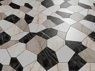 Stylish Hexagonal Floor Tiles With Black White Beige Marble Pattern For Interior Decoration 3d model