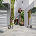 Traditional Chinese Commercial Street With Tea Pot Decoration Green Plant Wall And Stone Pavement